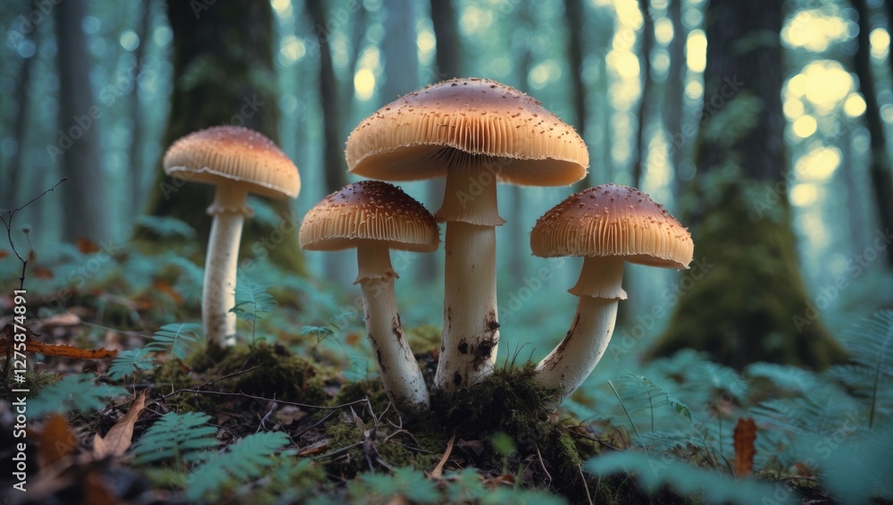 Fototapeta premium Xerocomus mushrooms in a serene forest setting with soft lighting and empty space for text, ideal for nature or culinary themes.