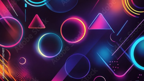 Vibrant abstract geometric shapes in neon colors on a dark background, creating a dynamic and modern digital artwork.