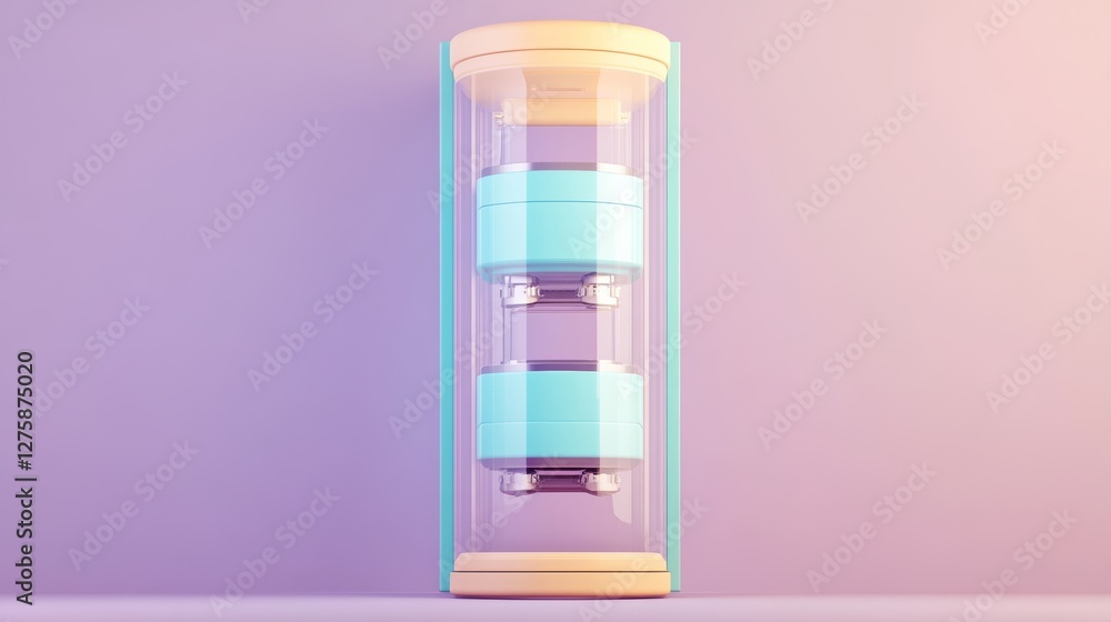 Abstract pastel colored 3D render of a transparent cylindrical structure with three inner compartments, set against a soft purple background. Clean lines, minimalist design.