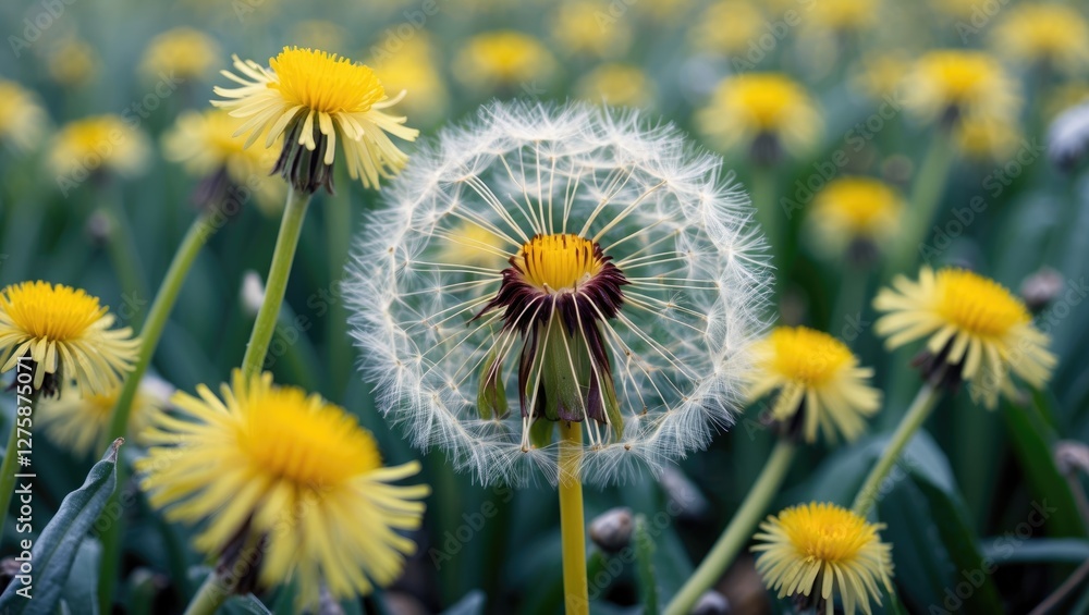 Macro View of Yellow Dandelion Flowers with Seed Head in Focus Surrounded by Blooming Dandelions in Soft Background Macro View of Yellow Dandelion Flowers with Seed Head in Focus Surrounded by Blooming Dandelions in Soft Background