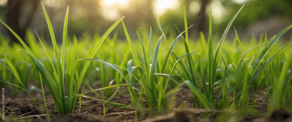 Obraz premium Fresh Growth of Green Grass in Garden During Dry Season with Selective Focus and Soft Natural Lighting