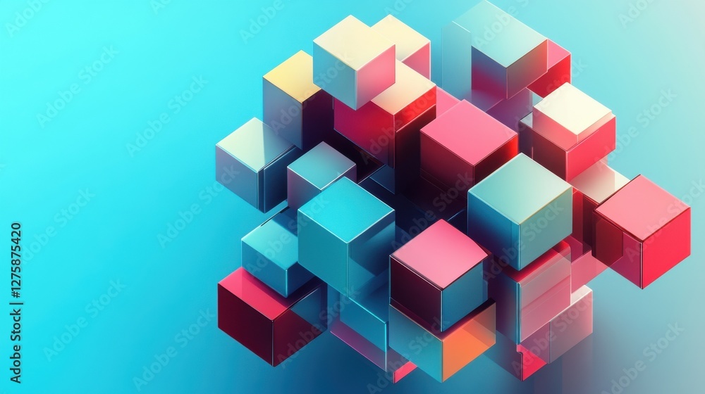 Abstract Composition of Colorful Cubes on Blue Background Abstract Composition of Colorful Cubes on Blue Background