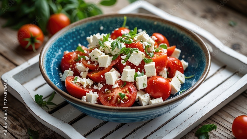 Colorful Tomato Salad with Feta Cheese and Fresh Herbs in a Blue Bowl on a Rustic White Wooden Tray with Cherry Tomatoes and Greens. Colorful Tomato Salad with Feta Cheese and Fresh Herbs in a Blue Bowl on a Rustic White Wooden Tray with Cherry Tomatoes and Greens.