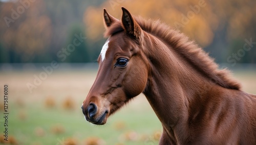 Portrait of a brown foal in a serene rural setting with soft bokeh background ideal for adding text or captions. photo