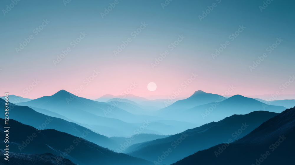 Beautiful mountain range with a blue sky and a pink sun Beautiful mountain range with a blue sky and a pink sun