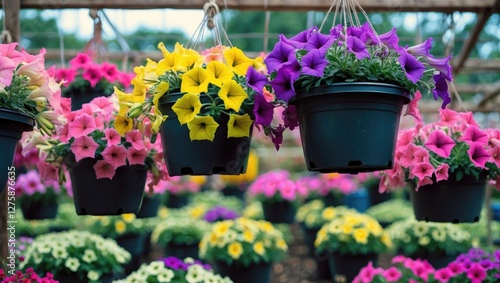 Colorful petunia flowers hanging in pots creating a vibrant nursery garden atmosphere with ample space for creative text or advertising.