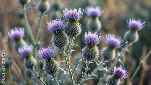 Thistle flower cluster with vibrant purple blooms and green spiky foliage, featuring empty space for text overlay or design elements. photo