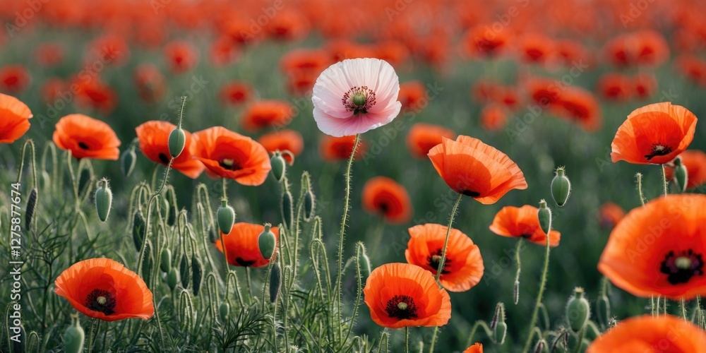 Obraz premium Vibrant Red Poppy Field Featuring Unique Pink Flower Surrounded By Greenery With Space For Customizable Text Overlay