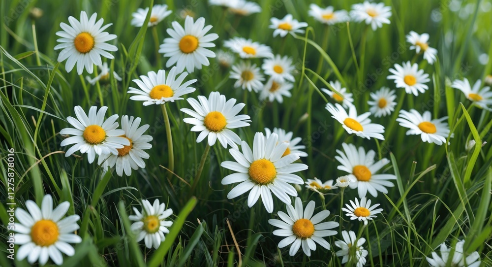 Fototapeta premium Vibrant White Daisy Flowers Blooming Amidst Lush Green Grass in a Sunny Meadow Landscape