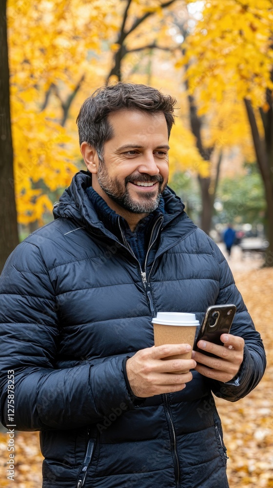 A man strolls through a picturesque park adorned with vibrant autumn foliage, savoring a cup of coffee while checking his smartphone A man strolls through a picturesque park adorned with vibrant autumn foliage, savoring a cup of coffee while checking his smartphone