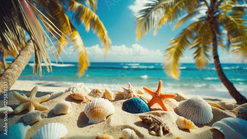 Fototapeta Naklejka Na Ścianę i Meble -  Tropical beach scene with sand shells and starfish under palm trees offering empty space for text ideal for summer holiday promotions.