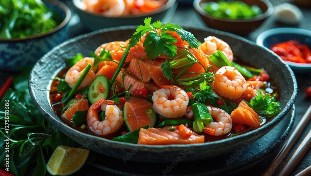 Vibrant Spicy Salad Featuring Fresh Shrimp Salmon and Vegetables Drizzled with Fermented Fish Sauce Garnished with Herbs Vibrant Spicy Salad Featuring Fresh Shrimp Salmon and Vegetables Drizzled with Fermented Fish Sauce Garnished with Herbs