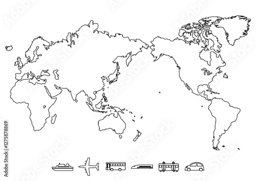 世界地図（日本中心）と交通機関アイコンのイラスト（黒ライン）