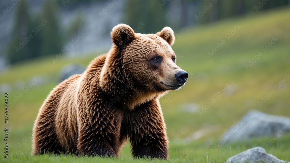Obraz premium Young Brown Bear Standing on Green Meadow with Natural Background and Ample Copy Space for Text or Branding