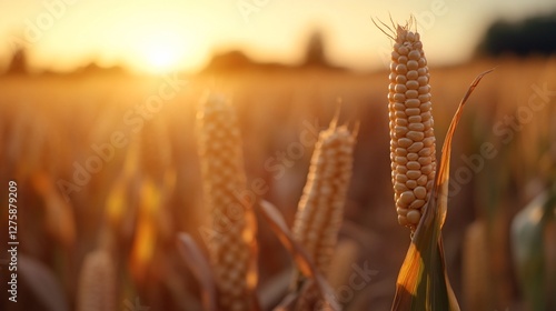 Golden cornfield at sunset showcases the beauty of agriculture in nature photo