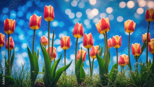 Vibrant Tulips Growing in Lush Grass Against a Serene Blue Bokeh Background Creating a Peaceful Garden Atmosphere photo