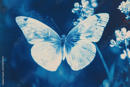 stylish postcard of cyanotype style butterfly and flowers, vintage sun print image