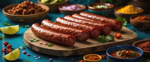 Authentic Oaxacan Mexican Chorizo Displayed with Traditional Condiments and Garnishes on a Rustic Wooden Board photo