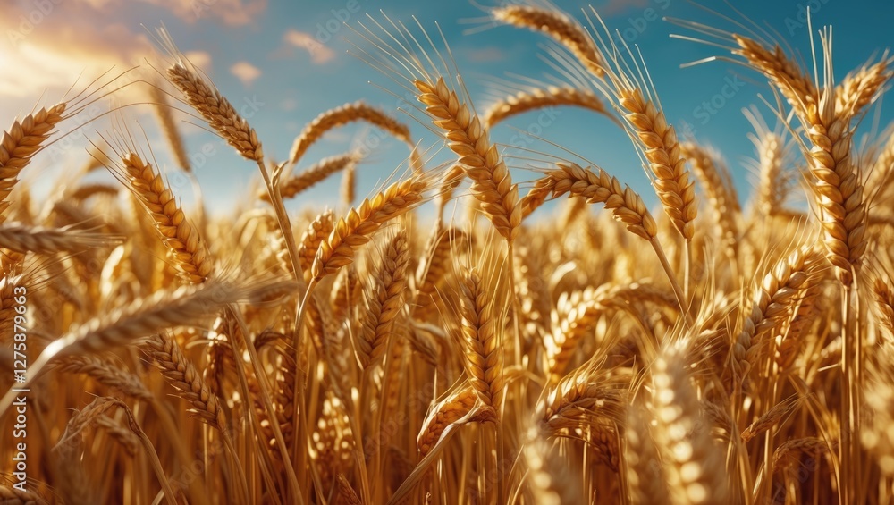 Obraz premium Golden Wheat Fields Under Clear Blue Sky Harvest Season Concept
