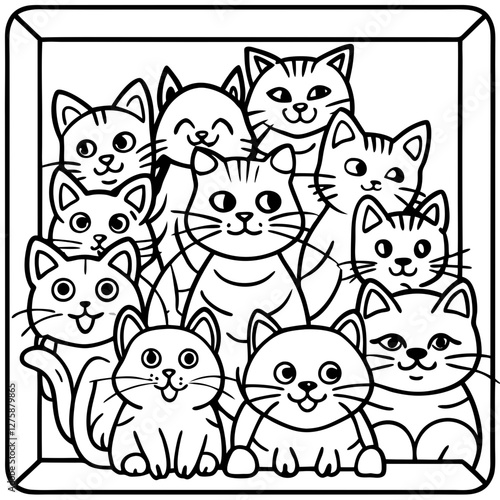 Cats Cartoon illustration: A delightful illustration of a group of adorable cartoon cats in a black and white setting.