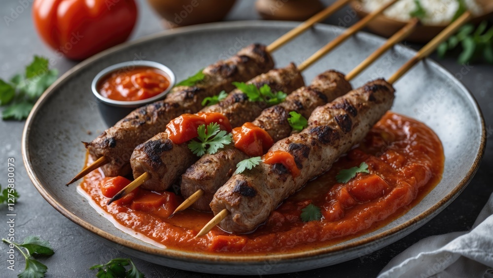 Turkish Kebab Skewers Served on Tomato Sauce Garnished with Fresh Herbs and Empty Space for Textual Overlay Turkish Kebab Skewers Served on Tomato Sauce Garnished with Fresh Herbs and Empty Space for Textual Overlay
