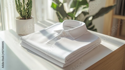 Stylish white polo shirt cozy home setting lifestyle photography natural light minimalist concept