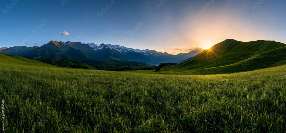 Golden hour illuminates verdant meadows and majestic snow-capped mountains Golden hour illuminates verdant meadows and majestic snow-capped mountains