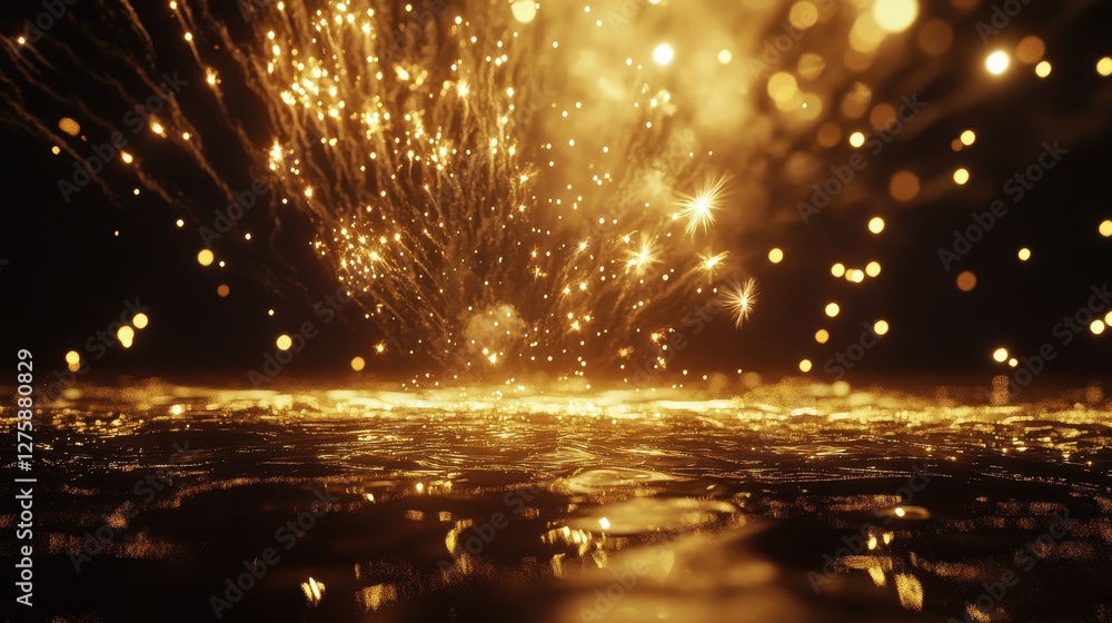 Naklejka premium A dazzling display of golden sparks bursts into the night sky, illuminating the serene surface of water below with shimmering reflections.