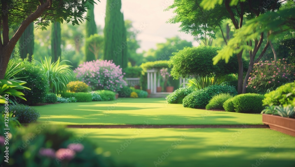 Naklejka premium Lush Green Garden Landscape with Vibrant Flora and Tranquil Atmosphere Featuring Ample Space for Text or Designs