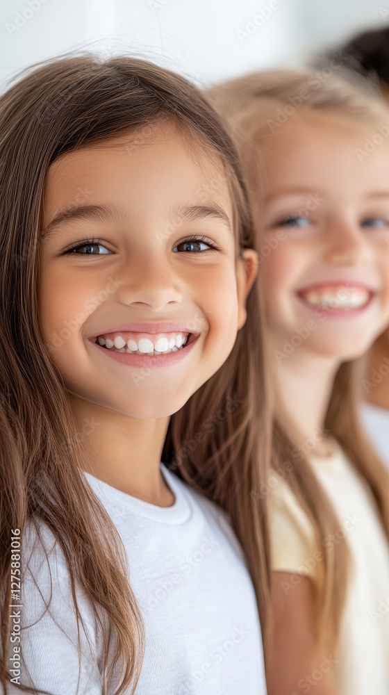 Smiling young girls with long hair showcase joy and friendship in a bright indoor setting. Their cheerful expressions reflect happiness, confidence, and clean, healthy teeth from a recent dental visit Smiling young girls with long hair showcase joy and friendship in a bright indoor setting. Their cheerful expressions reflect happiness, confidence, and clean, healthy teeth from a recent dental visit