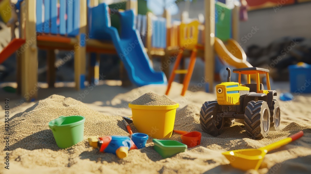 Child's toy tractor in sandbox, playground background, sunny day, outdoor fun Child's toy tractor in sandbox, playground background, sunny day, outdoor fun