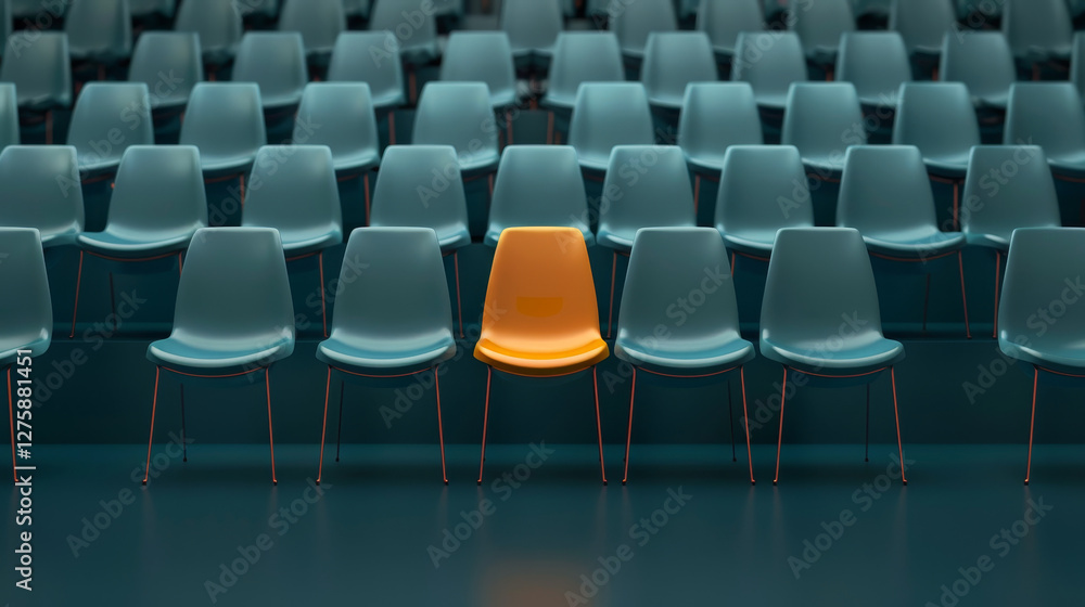 Naklejka premium Single vibrant orange chair among symmetrical rows of gray seating in empty corporate hall creating powerful visual metaphor for individuality and leadership in modern business setting.