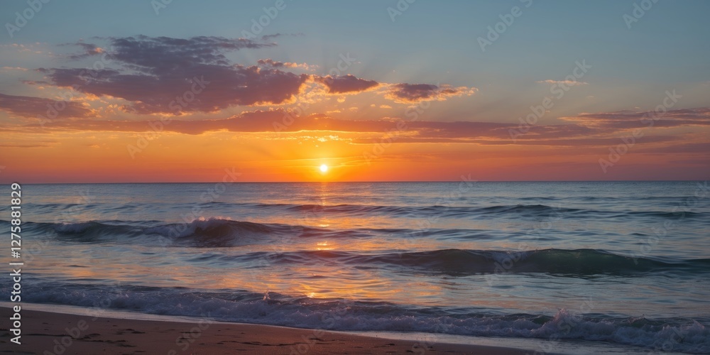 Serene Summer Sunset Over Calm Ocean Waves With Clear Sky And Space For Text Serene Summer Sunset Over Calm Ocean Waves With Clear Sky And Space For Text