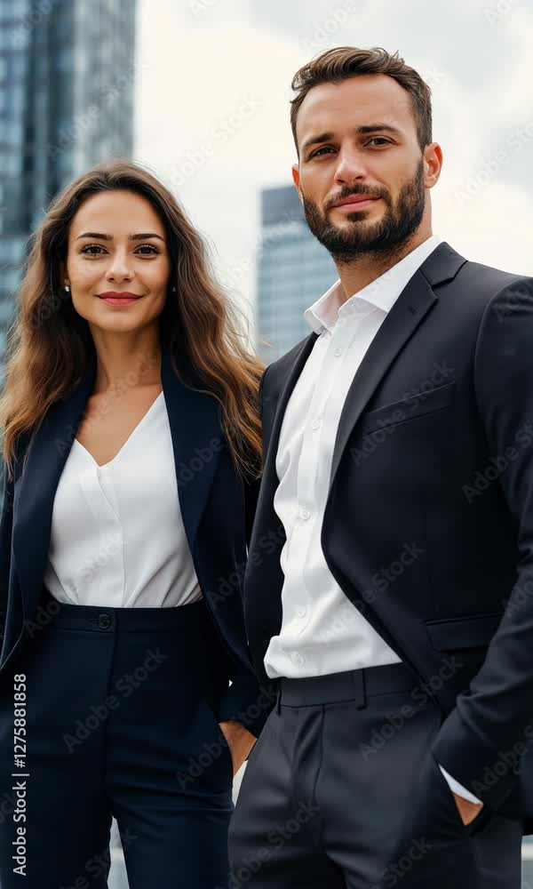 A man and a woman are standing next to each other in business attire A man and a woman are standing next to each other in business attire