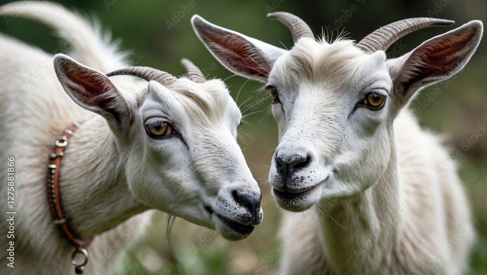 Tender Moment Between a Mother Goat and Her Kid in a Natural Outdoor Setting