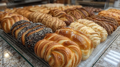 Bakery display, various pastries, shop, delicious treats photo