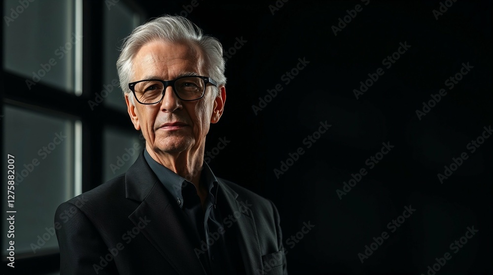 Obraz premium Serious elderly man in a business suit at the window on a black background, copy space