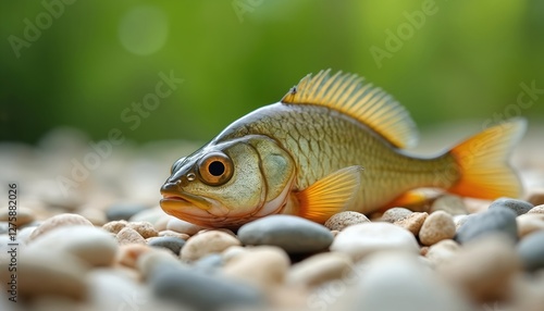 Macro shot of vibrant rudd fish laying on pebbles. Silver scales, orange fins, glistened skin in natural light, aquatic fauna from river ecosystem on pebble background.