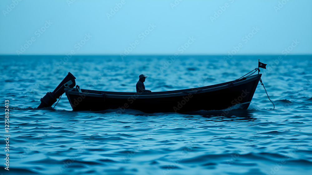Naklejka premium A small boat drifting peacefully in the middle of the vast ocean, surrounded by endless blue water and a clear sky. A serene and tranquil scene that evokes a sense of solitude.