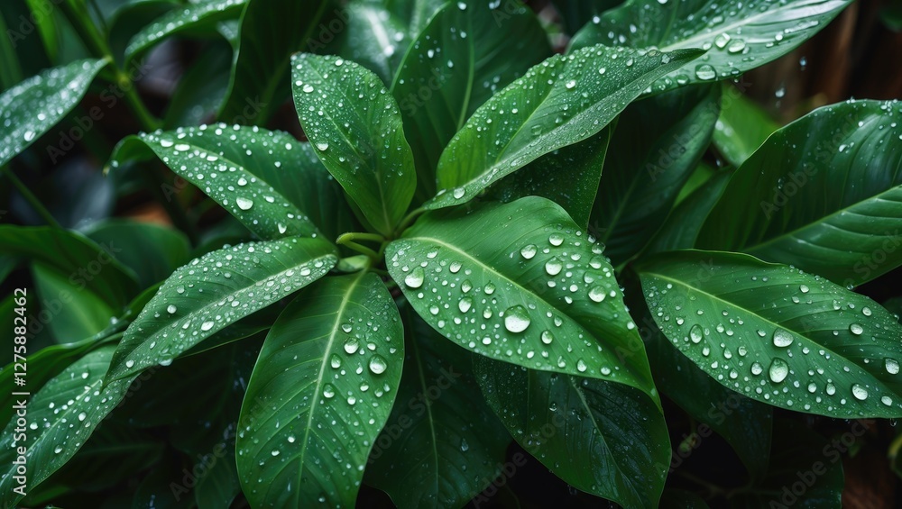 Fototapeta premium Fresh Calathea Leaves with Rain Droplets Macro Close-Up Natural Botanical Background with Copy Space for Text in Lush Greenery