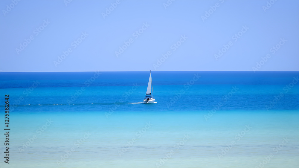 Obraz premium A small boat drifting peacefully in the middle of the vast ocean, surrounded by endless blue water and a clear sky. A serene and tranquil scene that evokes a sense of solitude.