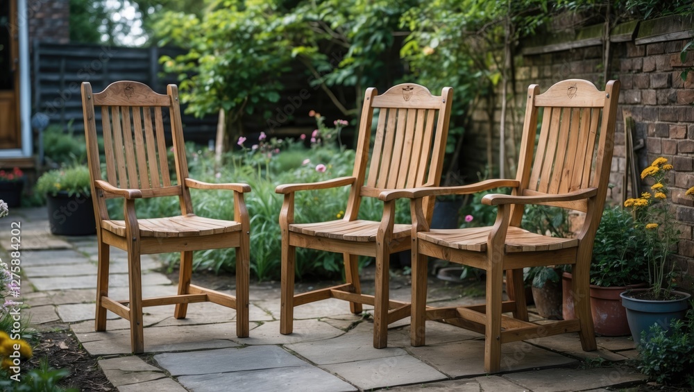 Elegant Wooden Garden Chairs Set Amidst Lush Greenery and Colorful Flowers in Outdoor Patio Environment Elegant Wooden Garden Chairs Set Amidst Lush Greenery and Colorful Flowers in Outdoor Patio Environment