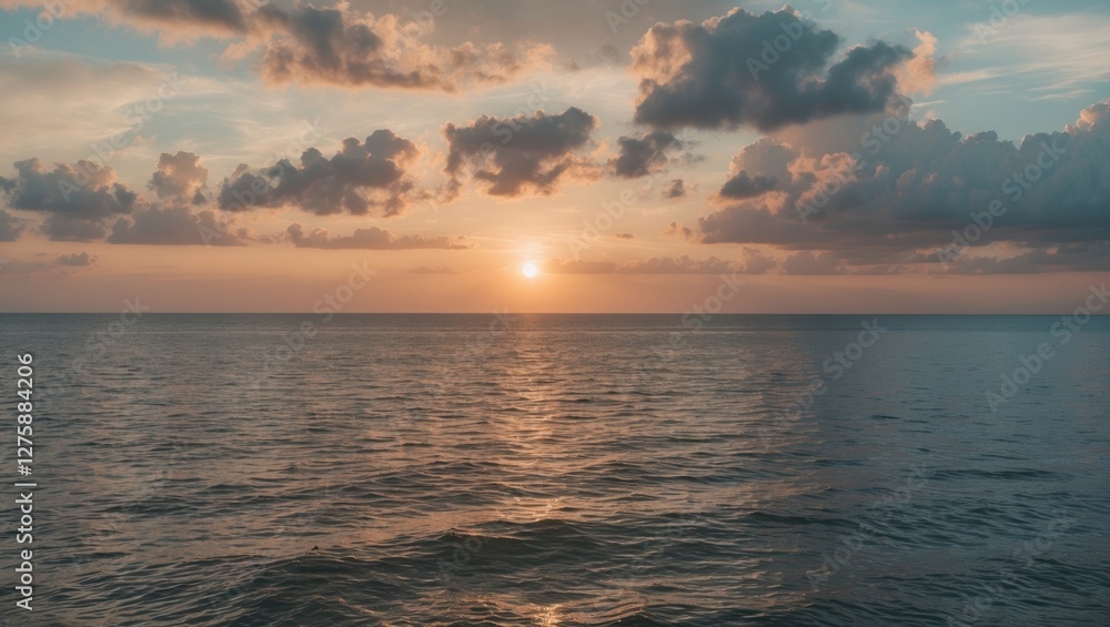 Fototapeta premium Serene Sunset Over Ocean Waters Creating Warm Glow and Peaceful Atmosphere With Soft Clouds and Empty Space for Text in the Sky