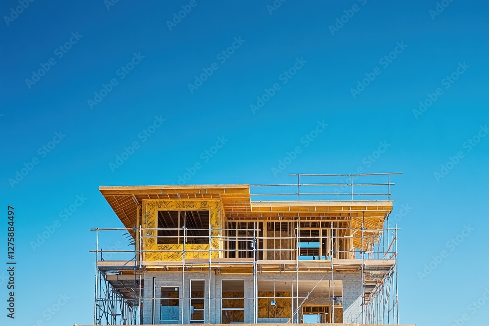 New house under construction, wood frame visible. Illustrates the building process, ideal for real estate or construction.