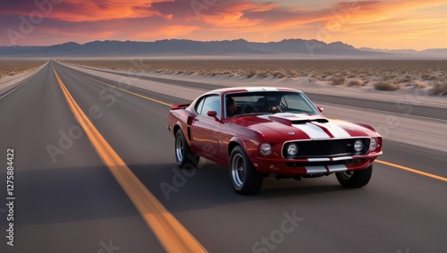 Vintage Red Mustang on Open Road: A classic red vintage Mustang cruises down a long, straight road towards a stunning sunset, symbolizing freedom and the open road.