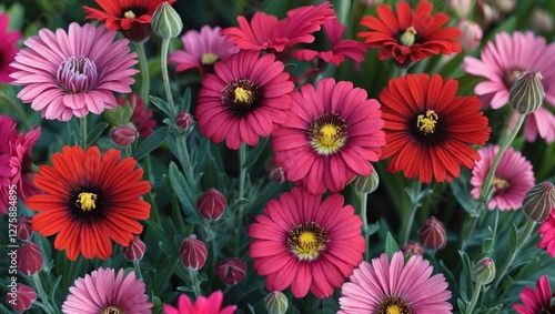 Vibrant display of red and pink Barben Dasy flowers in bloom, showcasing their beauty in a garden setting with ample empty copy space for text.