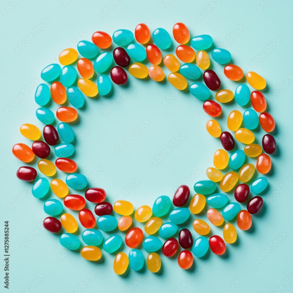 Overhead shot of jelly bean circle on blue surface