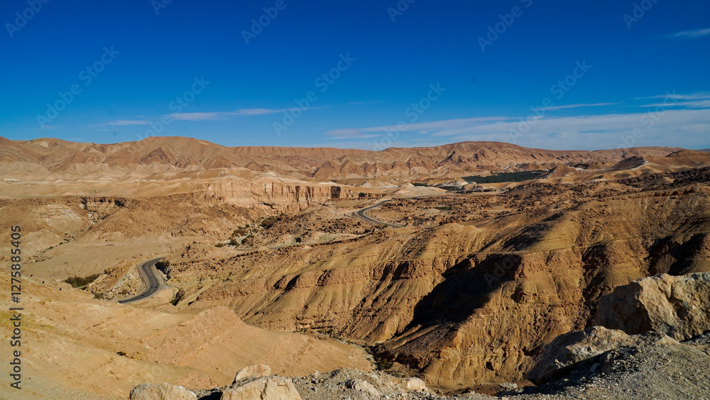 Fototapeta premium Oasi di Chebica con la sorgente di acqua potabile e l'antico villaggio Berbero. provincia di Tozeur,Tunisia