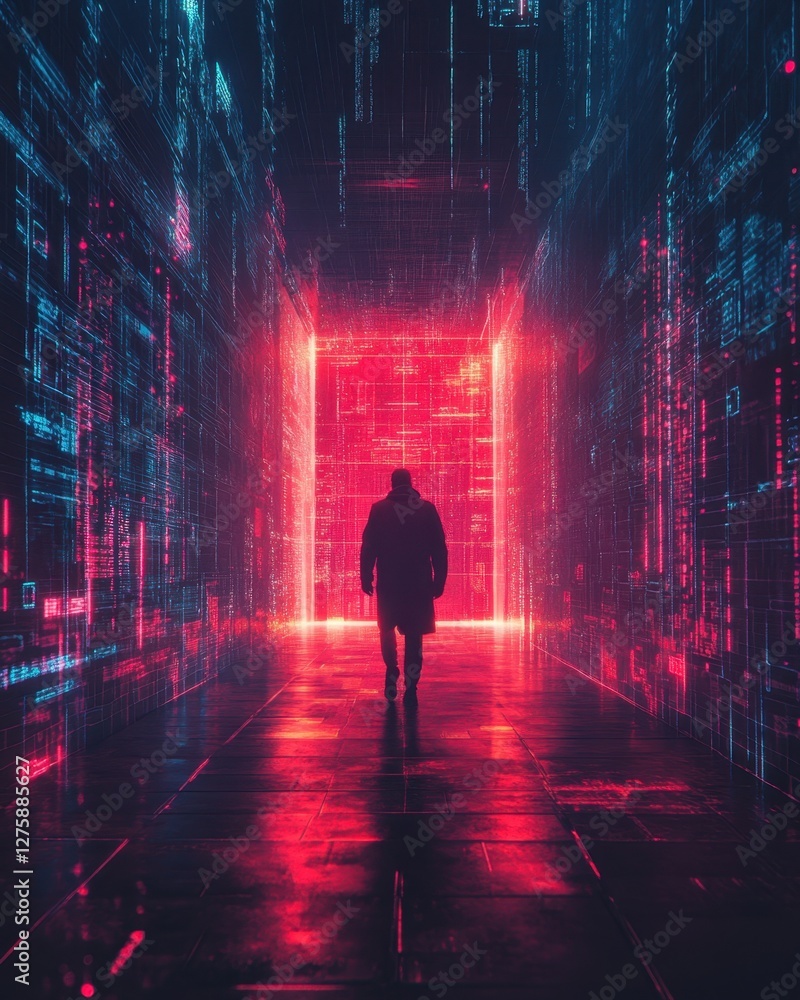 Obraz premium A lone figure walks through a vibrant, illuminated digital corridor.