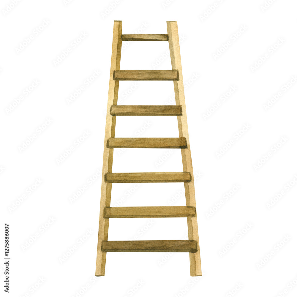 Wooden ladder, stepladder brown color with wooden steps painted with watercolors by hand. Watercolor illustration. Suitable for printing on paper, for design of children's books and magazines. Wooden ladder, stepladder brown color with wooden steps painted with watercolors by hand. Watercolor illustration. Suitable for printing on paper, for design of children's books and magazines.